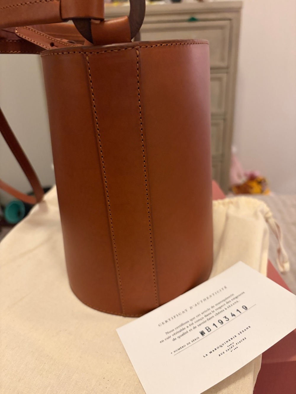 NEW IN BOX SEZANE Tan Leather Bucket Bag - Picture 5 of 8